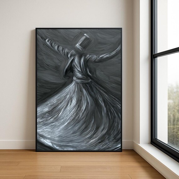 Whirling Dervish Black White Monochrome Sufi Dance Painting Poster