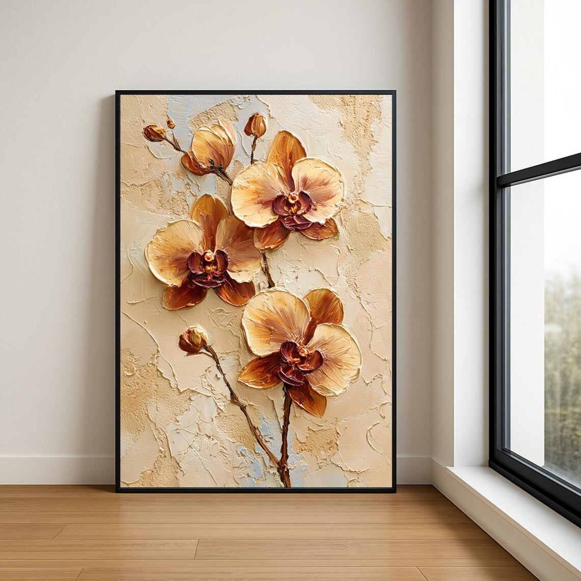 Amber Orchid Impasto Oil Painting Warm Beige Textured Floral Poster