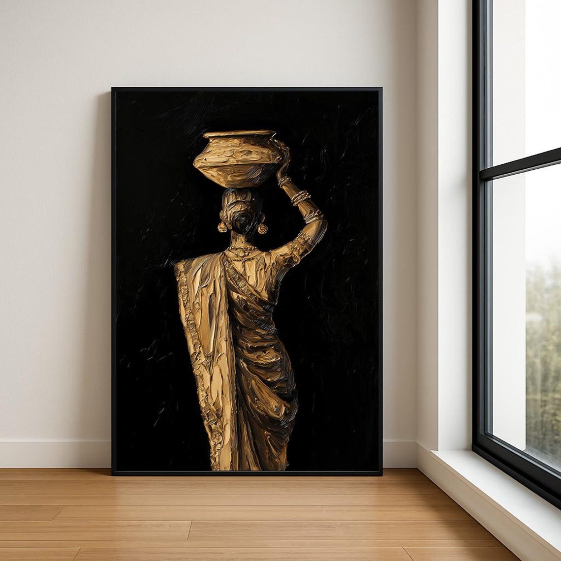 Golden Bronze Woman Balancing Clay Pot on Black Background Poster