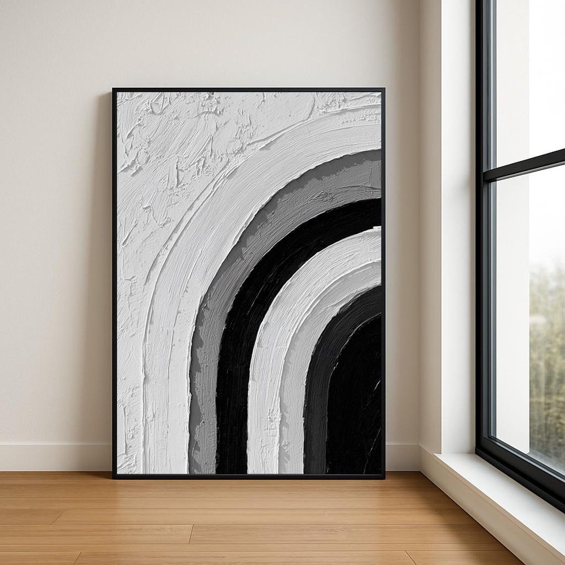 Grey Black Arch Curves Textured Abstract Monochrome Modern Wall Art
