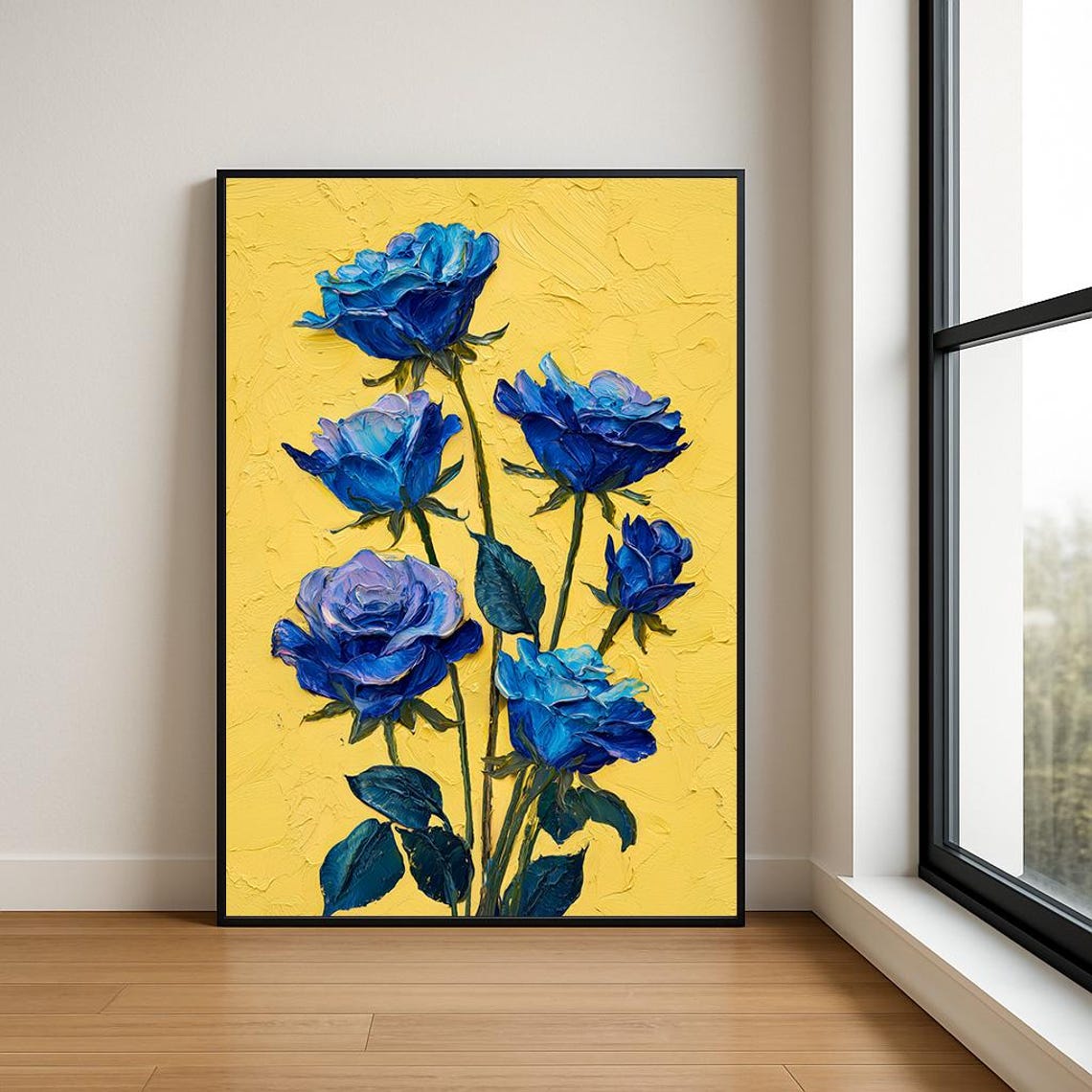 Blue Roses Vivid Yellow Background 3D Impasto Oil Painting Poster