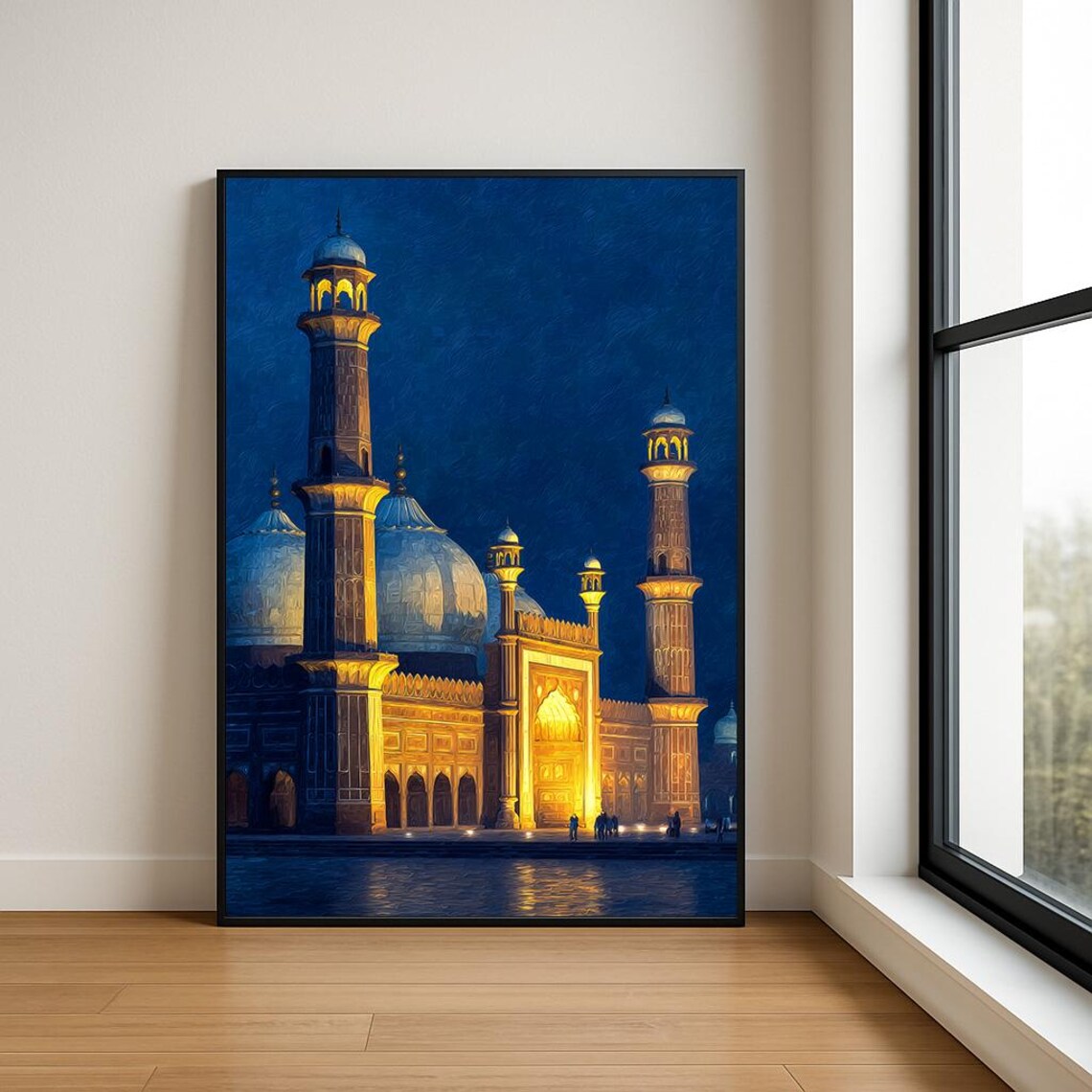 Golden Grand Mosque Domes Minarets Night Cityscape Painting Poster