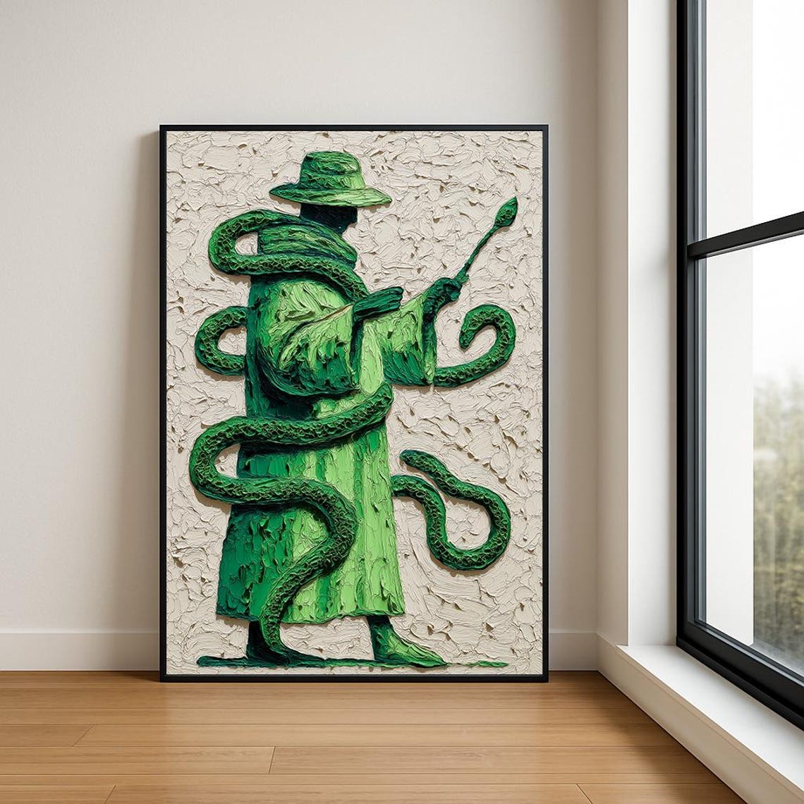 Green Snake Wrapped Wizard Hat Staff Impasto Painting Poster