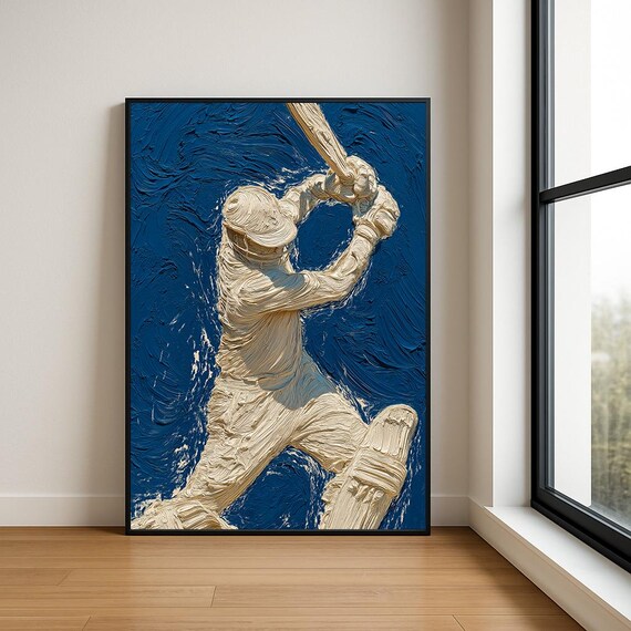 Cricket Batsman White Impasto Blue Sports Oil Painting Poster