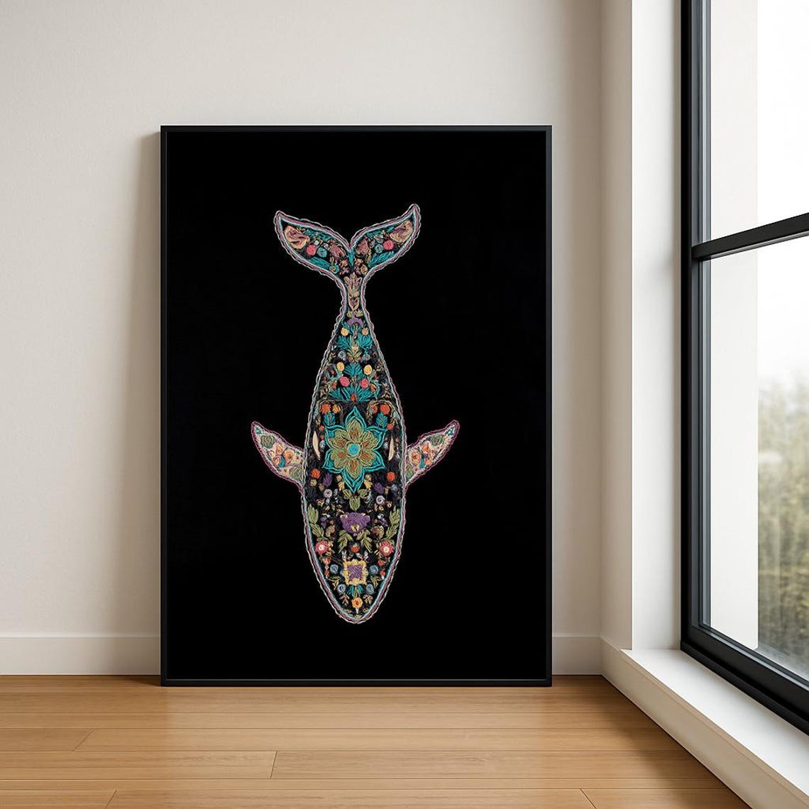 Embroidered Whale Colorful Floral Pattern Black Ocean Boho Art Poster