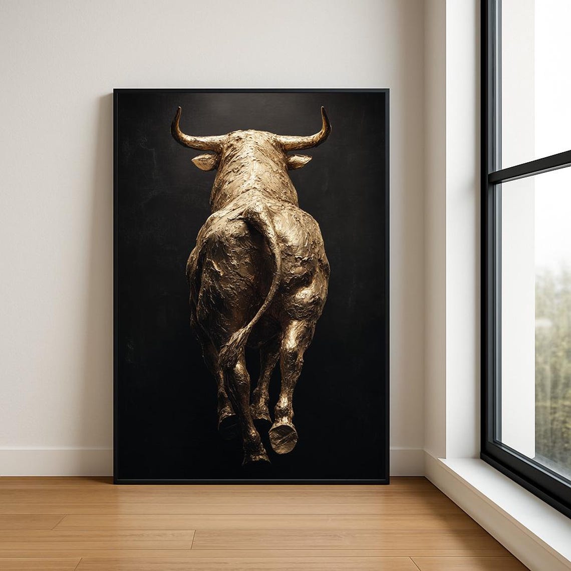 Golden Bull Rear View Charging Black Gold Oil Painting Poster