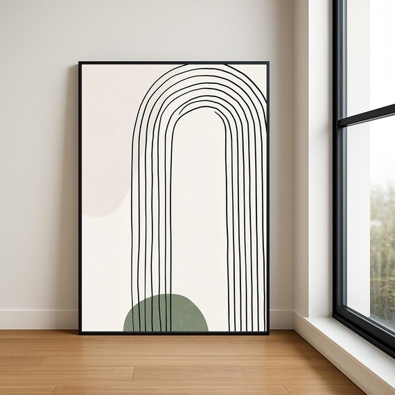 Japandi Line Art Rainbow Arch Minimalist Black Sage Green Poster