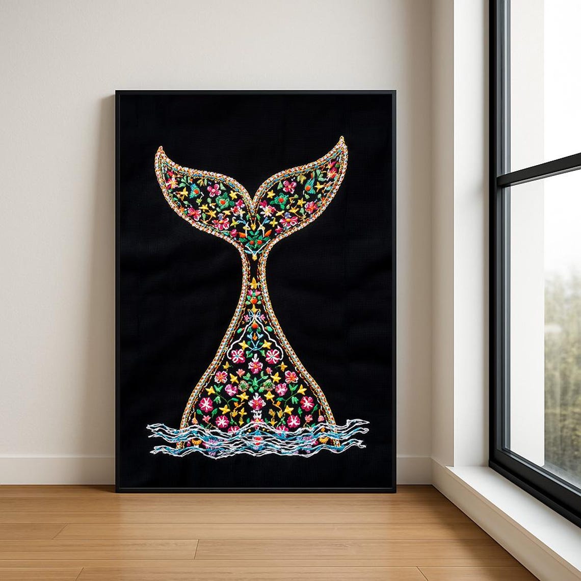 Embroidered Whale Tail Colorful Floral Pattern Black Boho Art Poster