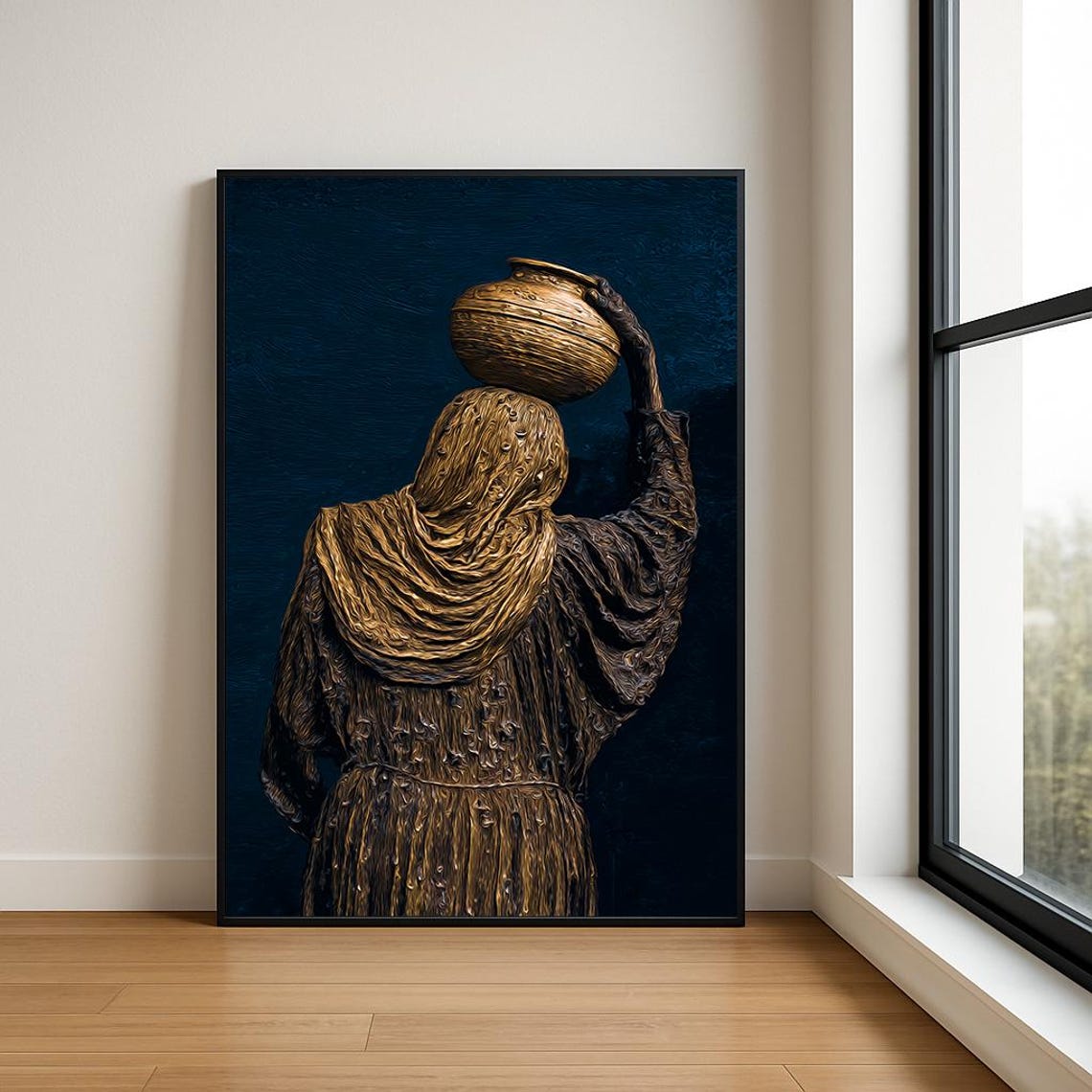 Golden Textured Woman Carrying Clay Pots Navy Impasto Oil Art Poster