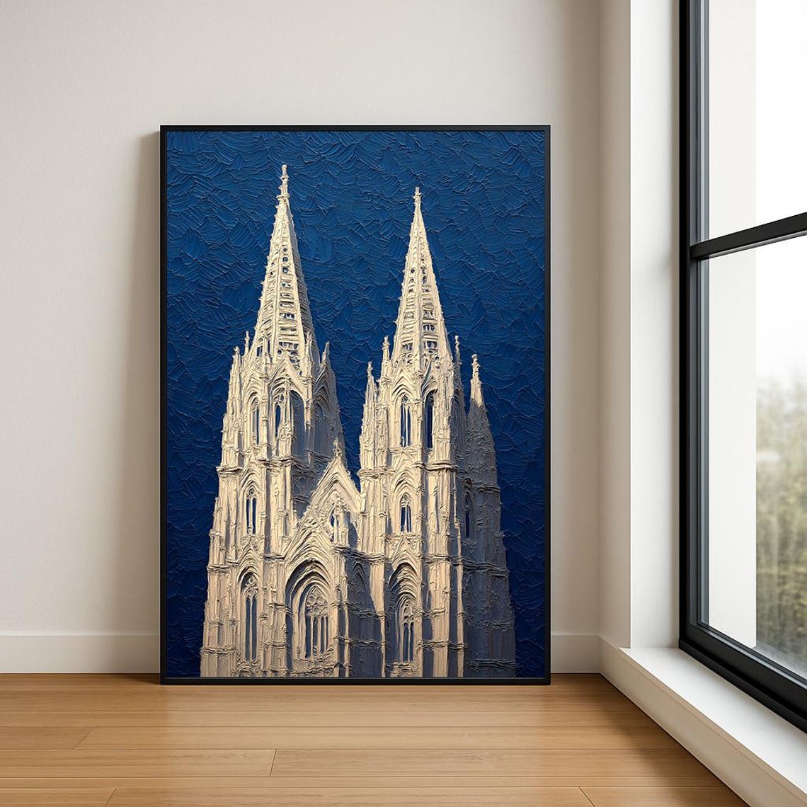 Gothic Cathedral Twin Spires Night Sky Impasto Oil Art Poster