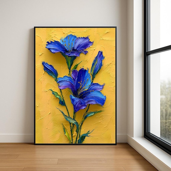 Blue Iris Flowers Yellow Background Impasto Oil Painting Floral Poster