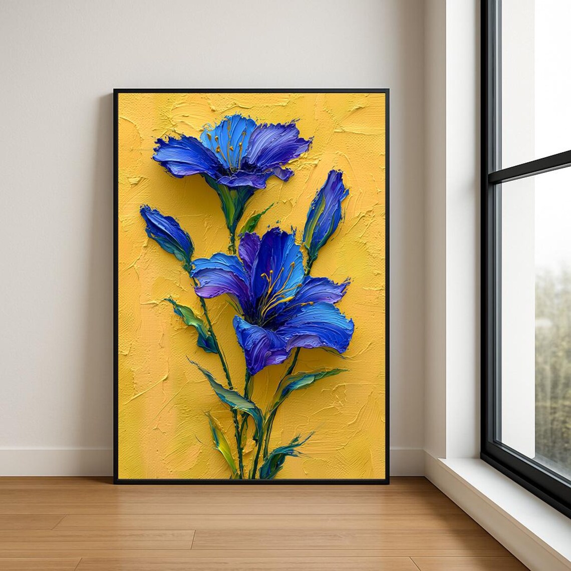 Blue Iris Flowers Yellow Background Impasto Oil Painting Floral Poster