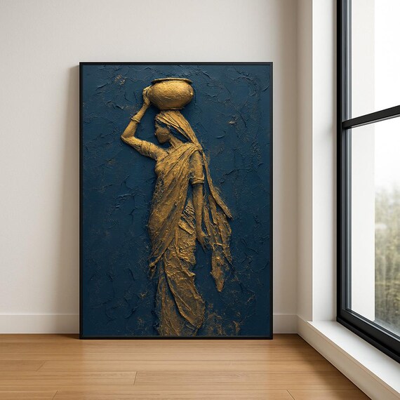 Golden Indian Woman Balancing Water Pot on Navy Textured Poster