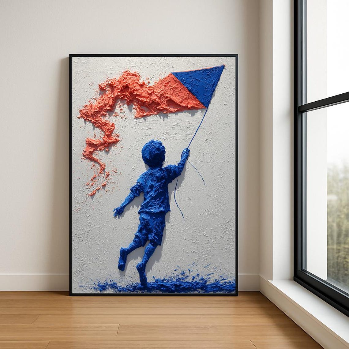 Boy Flying Blue Red Kite Textured Impasto Painting Kids Poster