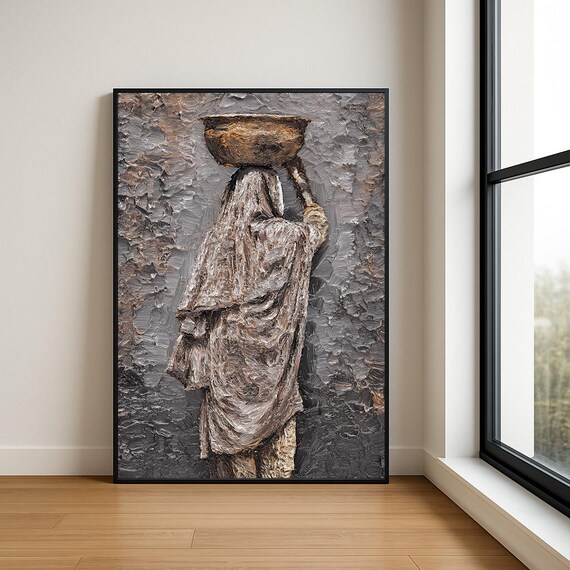 Woman Carrying Water Pot Silver Grey Textured Oil Painting Poster