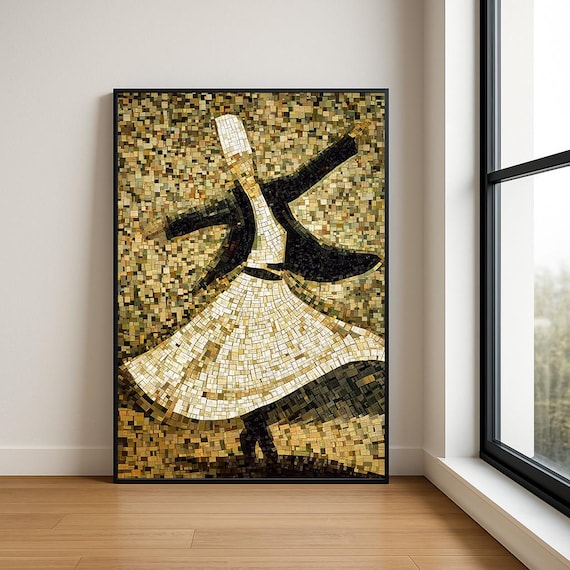 Golden Whirling Dervish Mosaic Sufi Dancer Spiritual Wall Art
