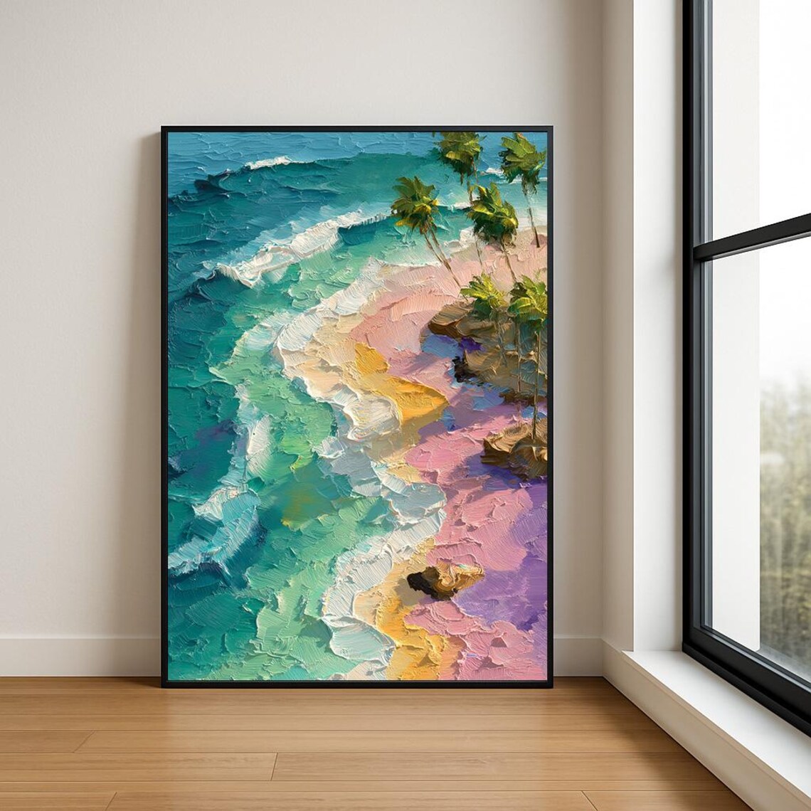 Tropical Palm Beach Turquoise Waves Impasto Oil Painting Poster