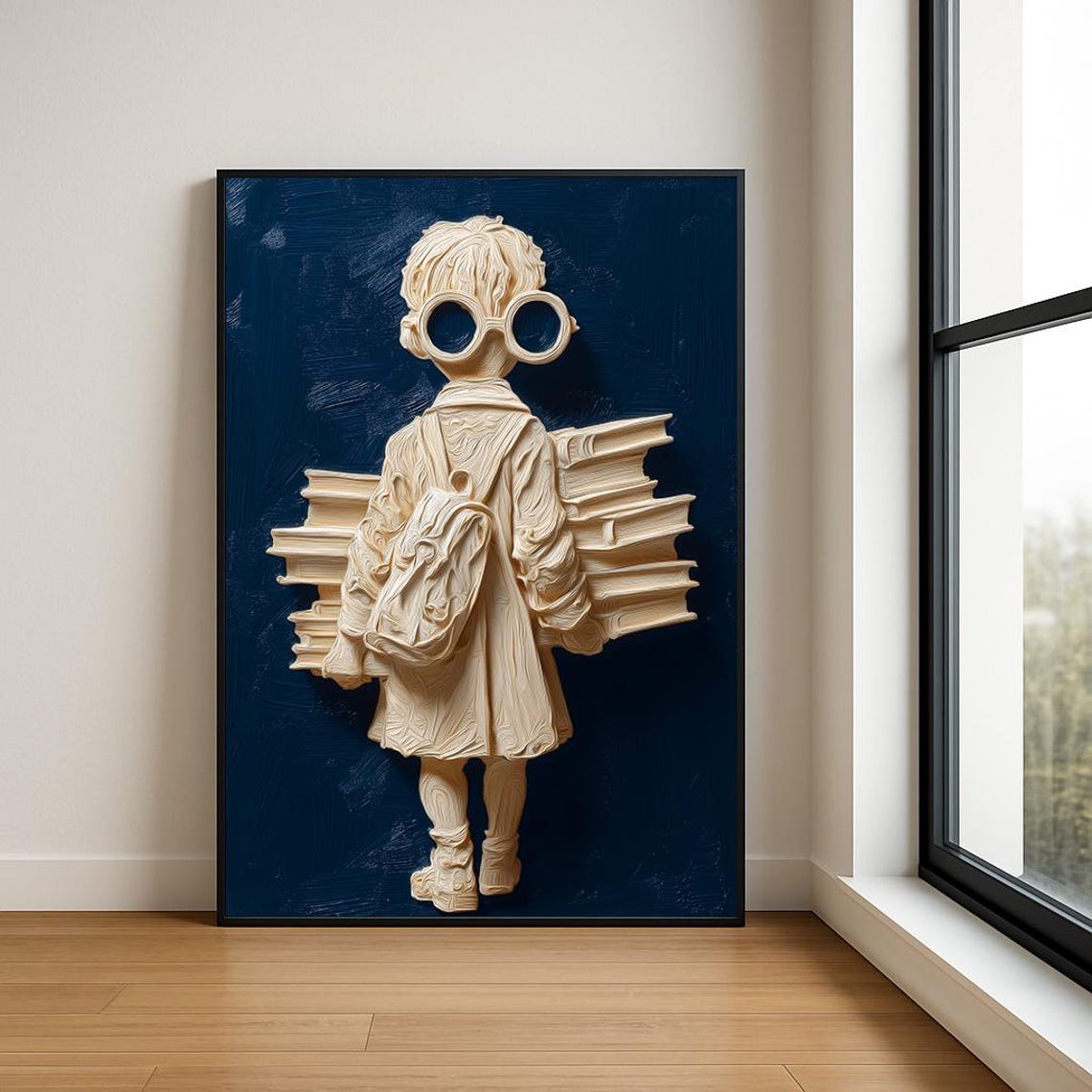 Girl with Backpack Full of Books Cream 3D Textured Art Poster