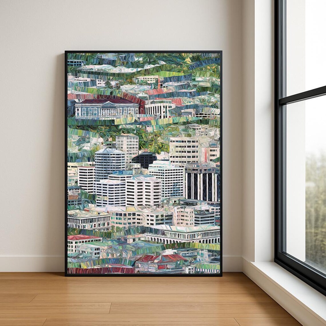 Hillside City Skyline Colorful Stained Glass Mosaic Art Poster