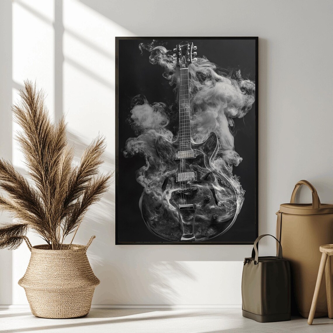 Electric Guitar Wrapped in Swirling Smoke Dark Background Music Poster - Image 2