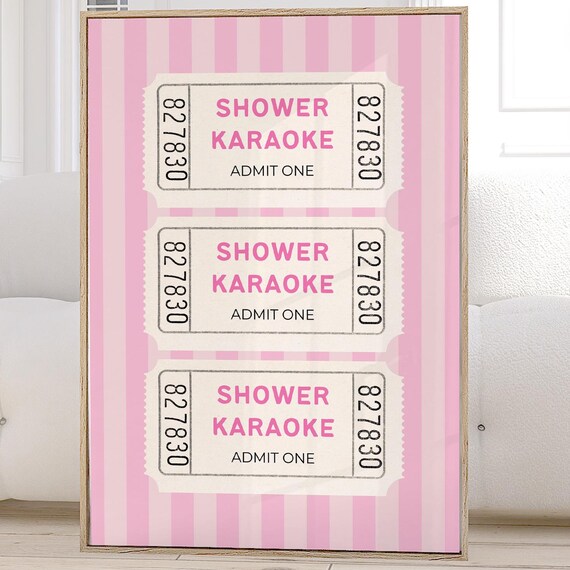 Shower Karaoke Tickets Pink Striped Retro Bathroom Decor Art Print