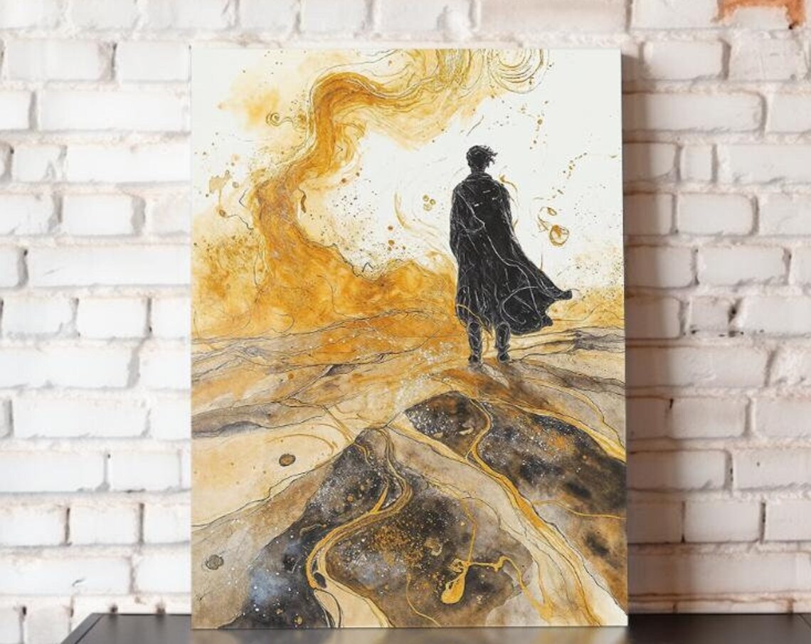 Golden Desert Wanderer Cloaked Silhouette Abstract Dunes Minimalist Poster