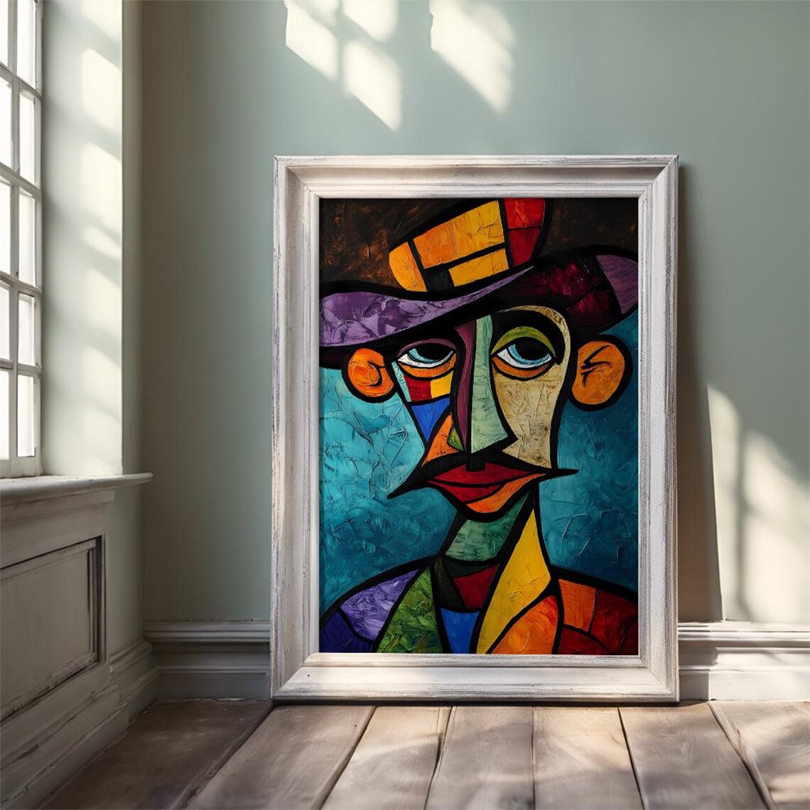 Cubist Portrait of a Man in a Hat Colorful Geometric Art Poster - Image 3