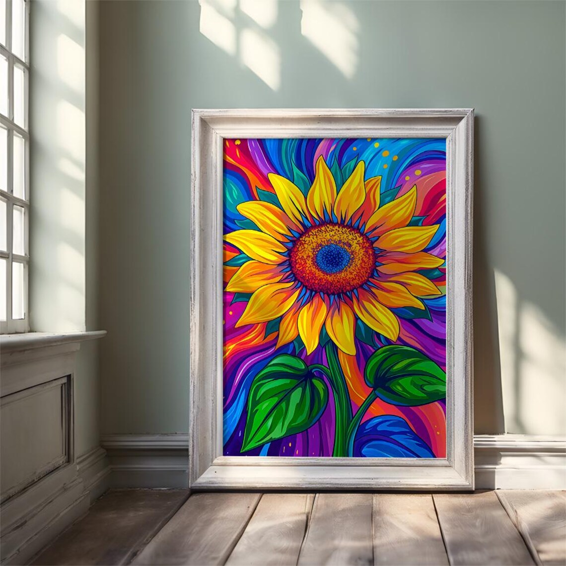 Psychedelic Sunflower in Bold Rainbow Colors Vibrant Art Poster - Image 2