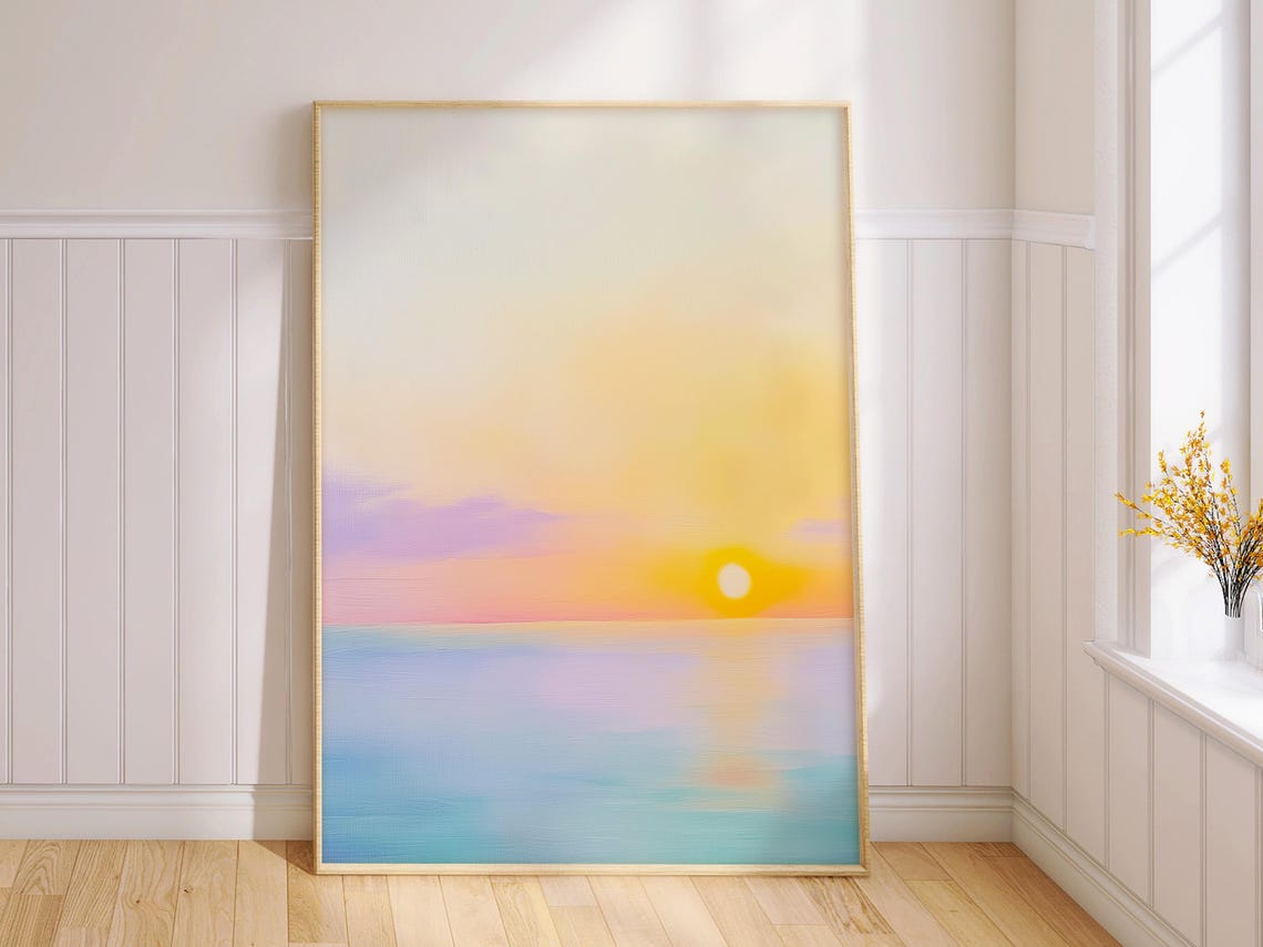 Minimalist Ocean Sunset Pastel Peach Sky Calm Sea Painting Wall Art - Image 2