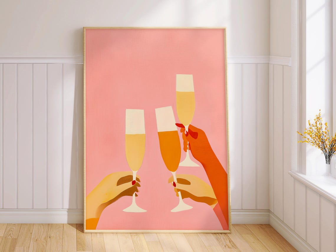 Champagne Toast Pink Background Celebration Cheers Painting Wall Art - Image 2