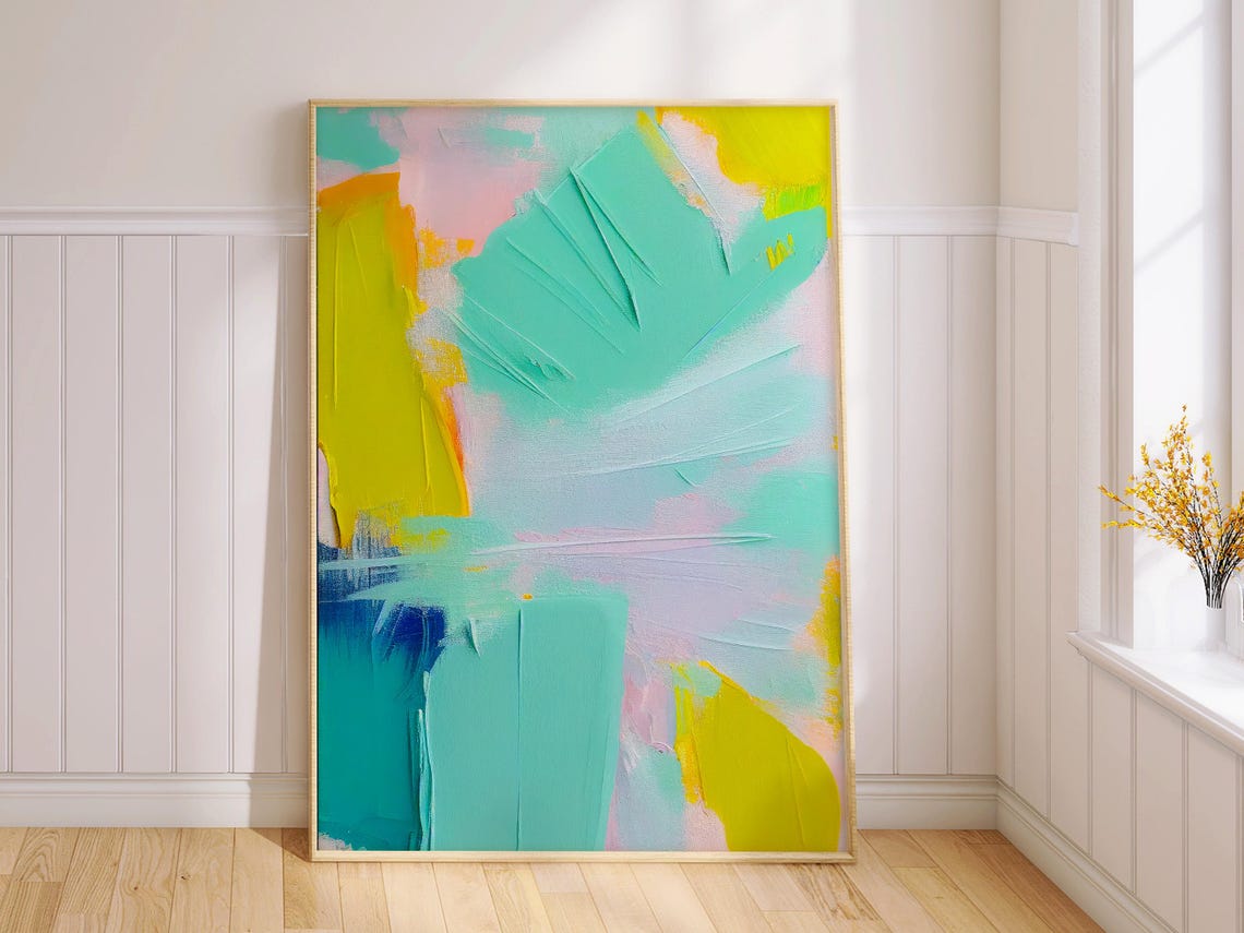 Turquoise Chartreuse Blush Airy Brushstroke Abstract Painting Poster - Image 2