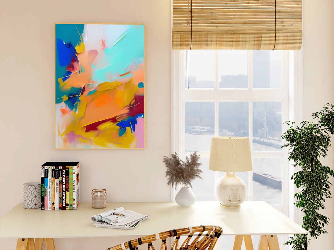 Teal Mustard and Blue Expressive Abstract Modern Brushwork Poster - Image 3