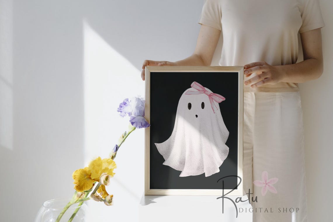 Cute Ghost Pink Bow Dark Background Halloween Poster Sweet Spooky Art - Image 2