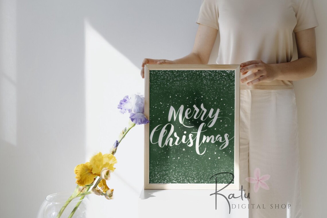 Dark Green Merry Christmas Art Print, Holiday Decor - Image 2