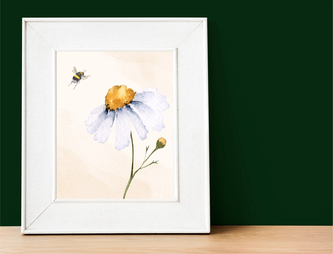 White Daisy Watercolor Flower Bee Botanical Minimalist Art Print - Image 2