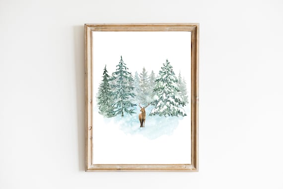 Winter Deer in Snowy Pines Watercolor Christmas Forest Poster