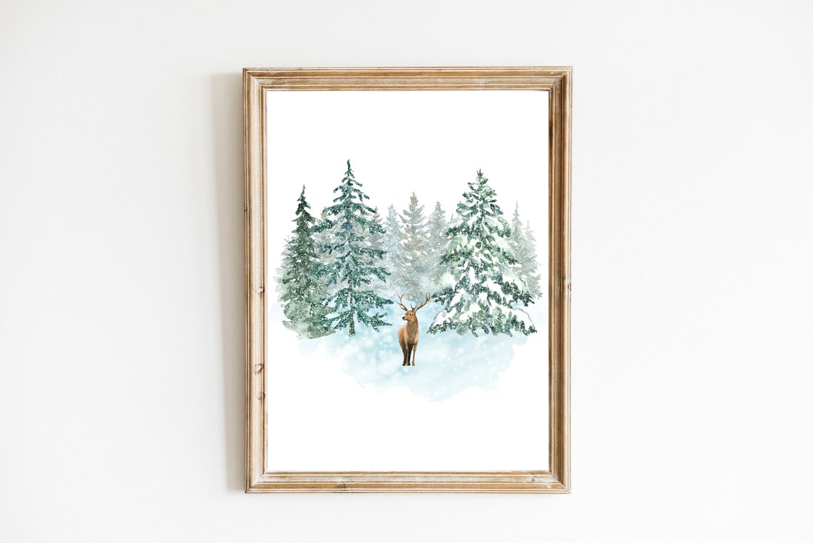 Winter Deer in Snowy Pines Watercolor Christmas Forest Poster