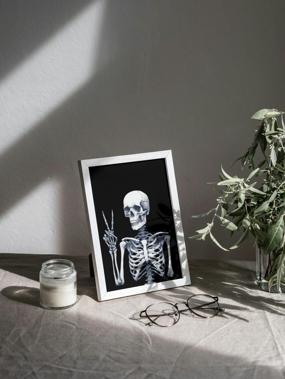 Skeleton Peace Sign Poster Black Watercolor Spooky Halloween Wall Decor - Image 3