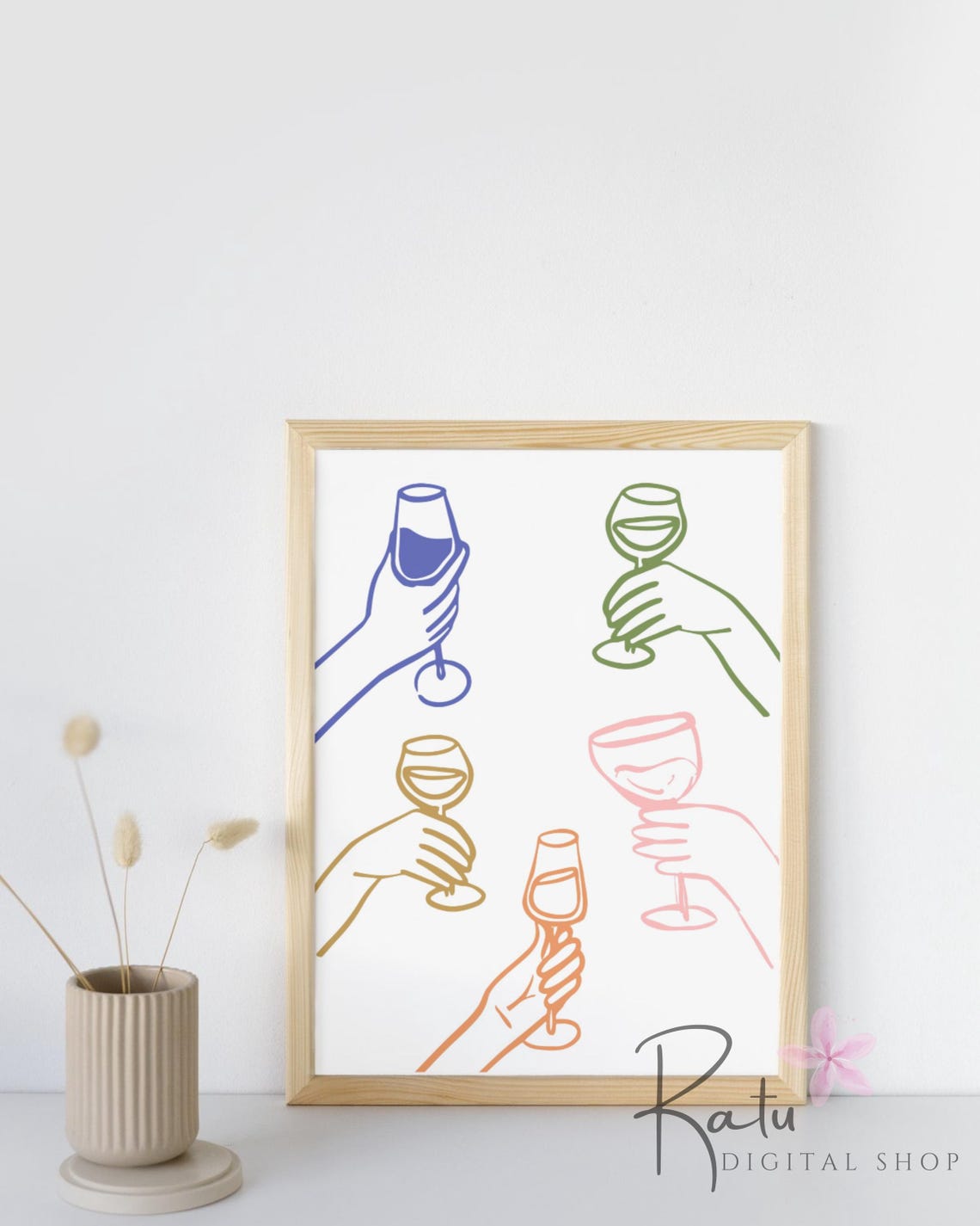 Cheers Wine Glasses Line Art Hands Bar Cart Modern Color Poster - Image 2