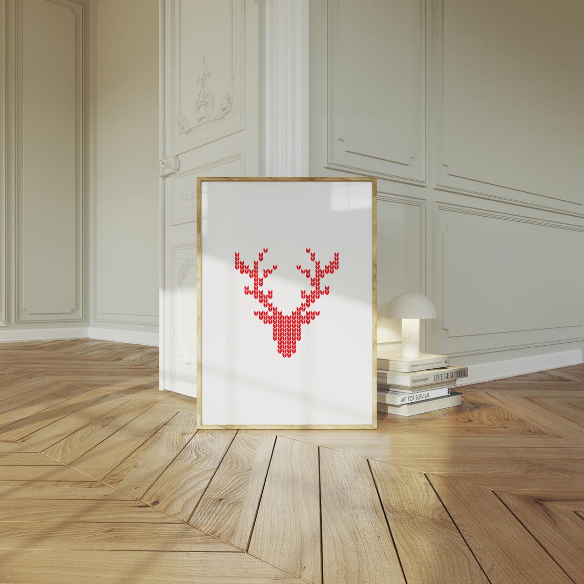 Cute Red Knit Stitch Reindeer Head Minimalist Christmas Wall Art - Image 2