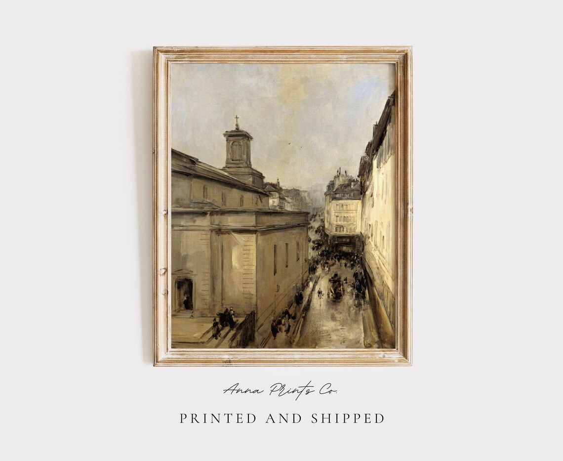Vintage Paris Street With Historic Church Busy 19th Century City Print