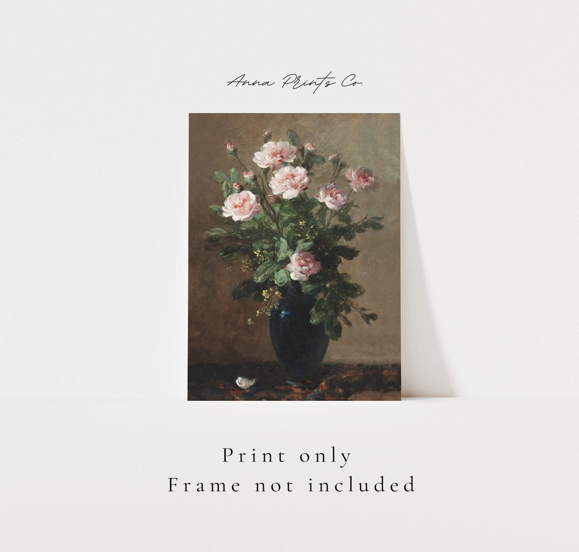 Blush Pink Roses In A Dark Vase Moody Floral Still Life Art Print - Image 3
