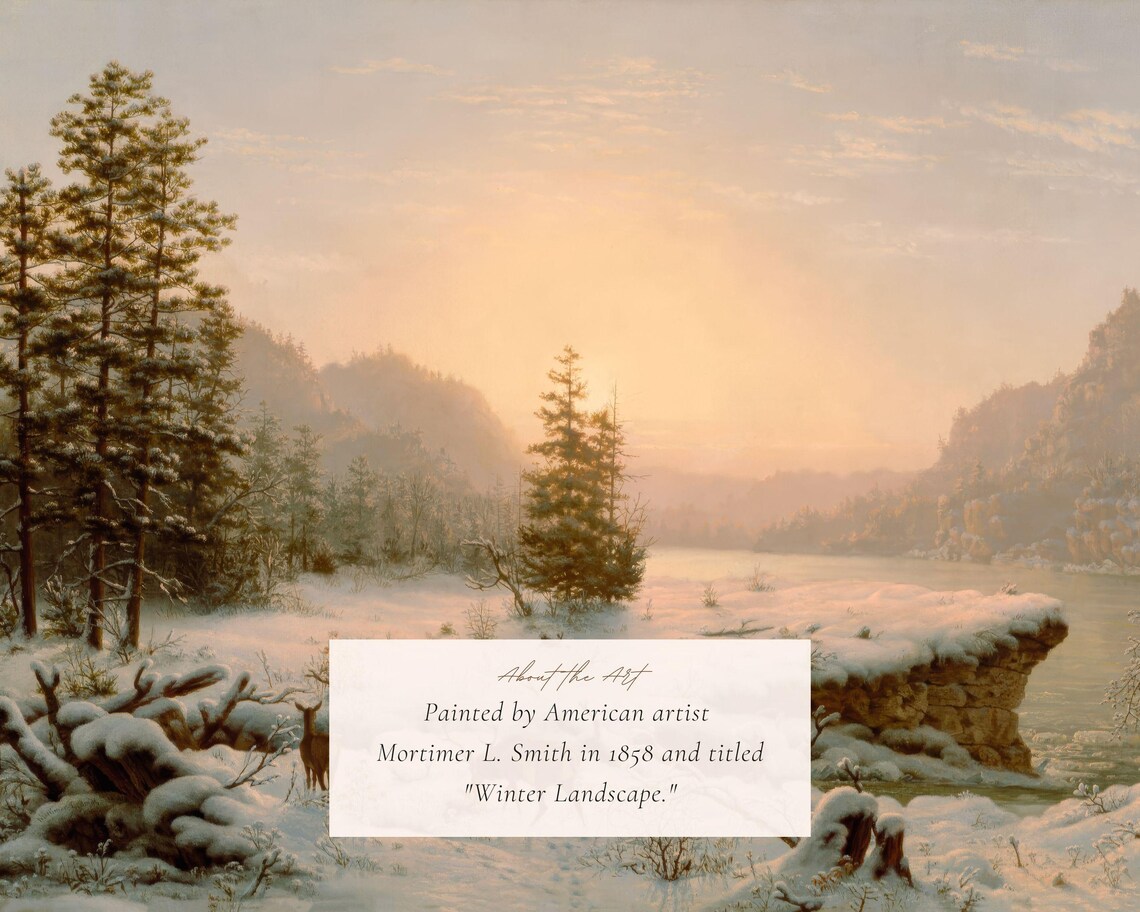 Winter Sunset Deer By A Frozen Lake Snowy Pines Vintage Art Print - Image 2