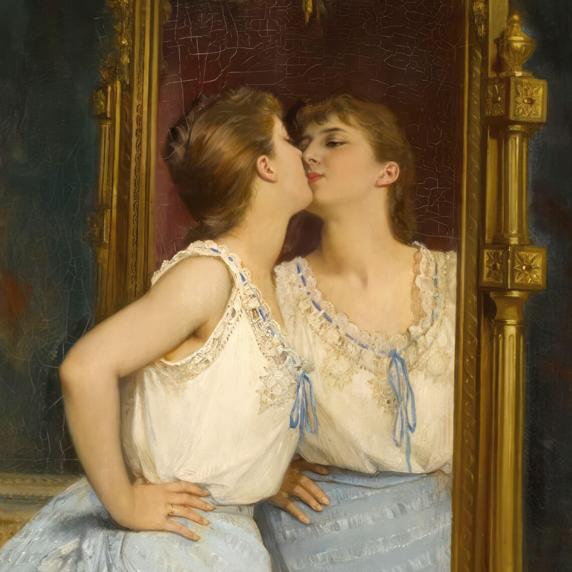The Mirror by Auguste Toulmouche, Classical Portrait Art Print - Image 2