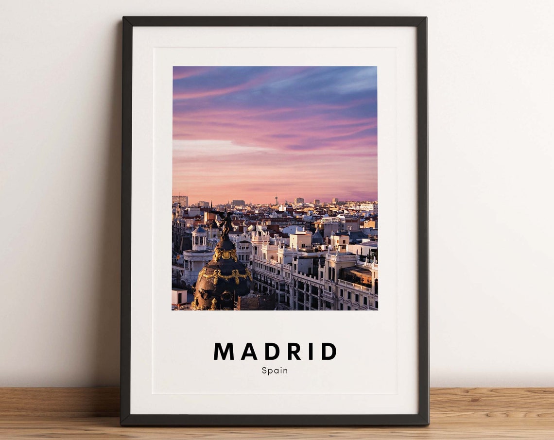 Madrid Spain Sunset Poster of Gran Via Skyline and Metropolis Building