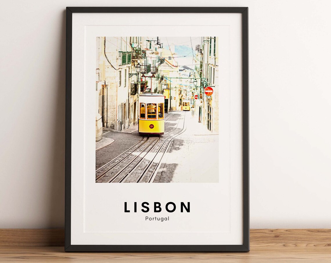 Lisbon Portugal Vintage Yellow Tram Hill Street Track View Poster