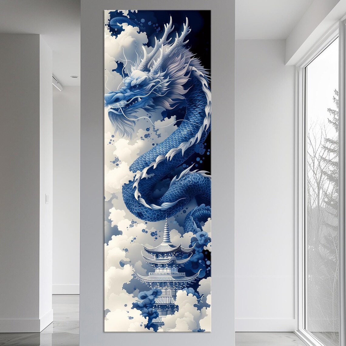 Blue Chinese Dragon Art Print, Japanese Wall Art