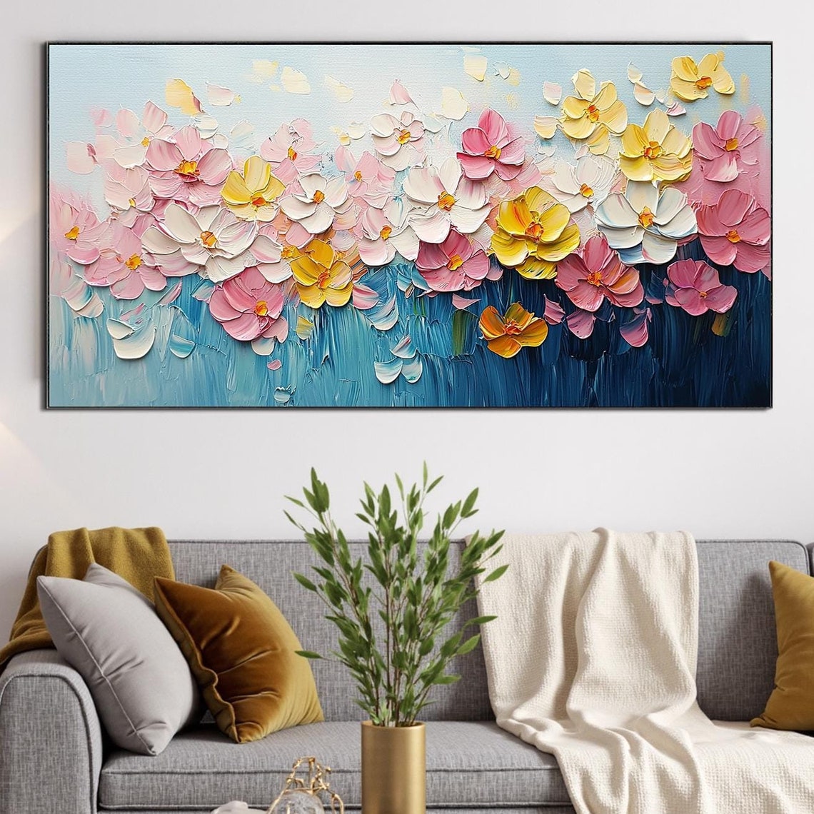 Pastel Pink Yellow Flowers Blue Background Impasto Floral Art Poster