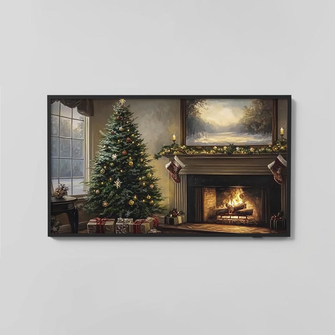 Cozy Christmas Fireplace With Decorated Tree Stockings Poster - Image 2