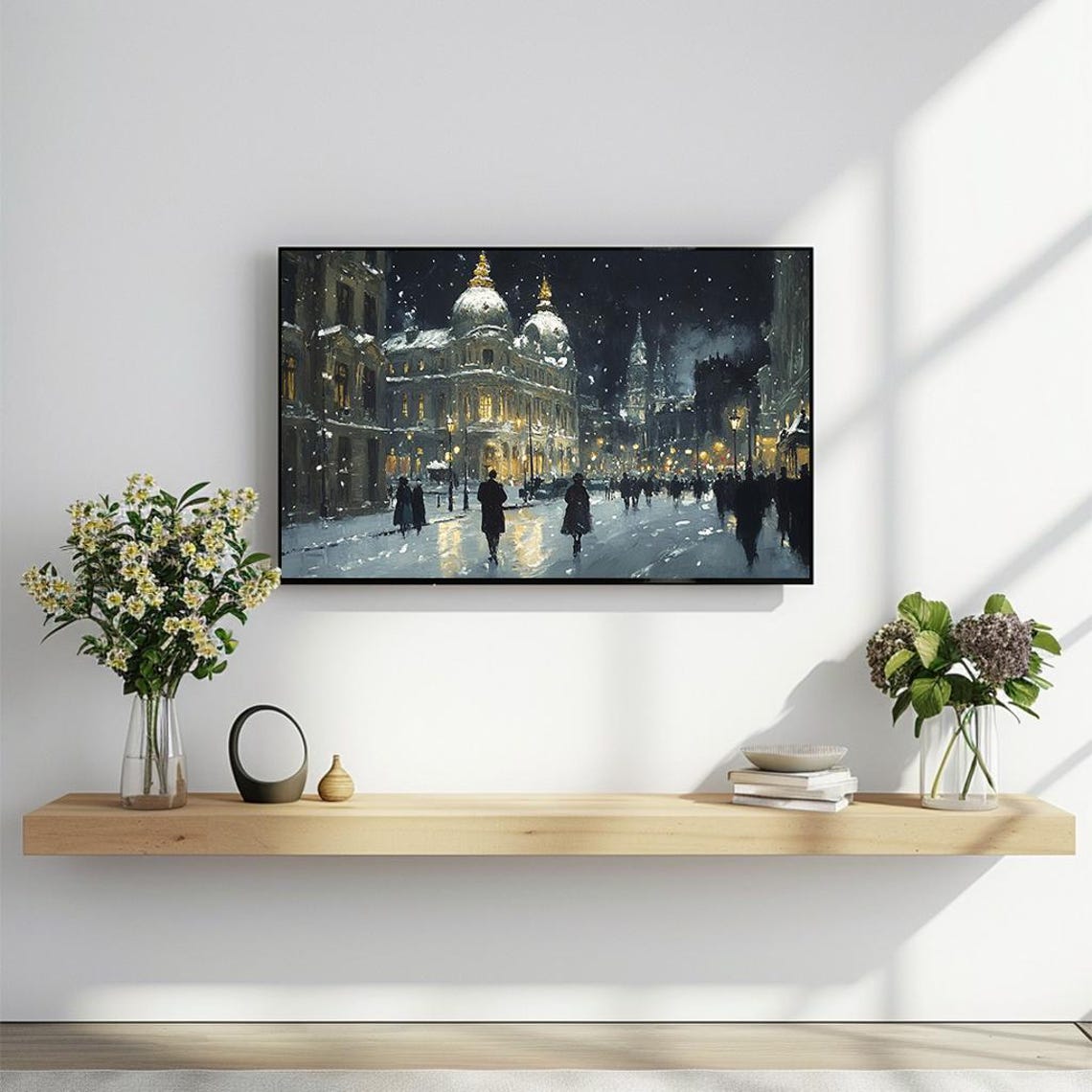 Snowfall In City Square Elegant Architecture Winter Night Scene Poster - Image 2